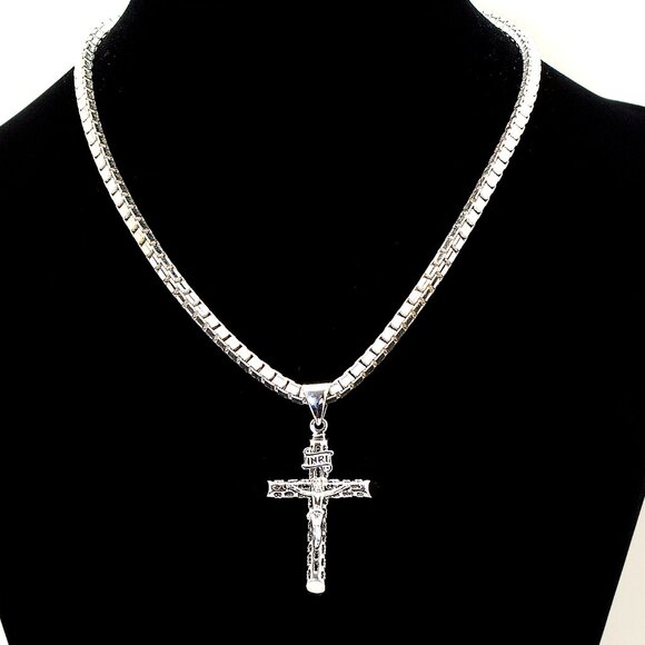 925 Sterling Silver Box Chain w Crucifix Pendant, 16", 3.8mm | Christian Cross - Picture 2 of 9